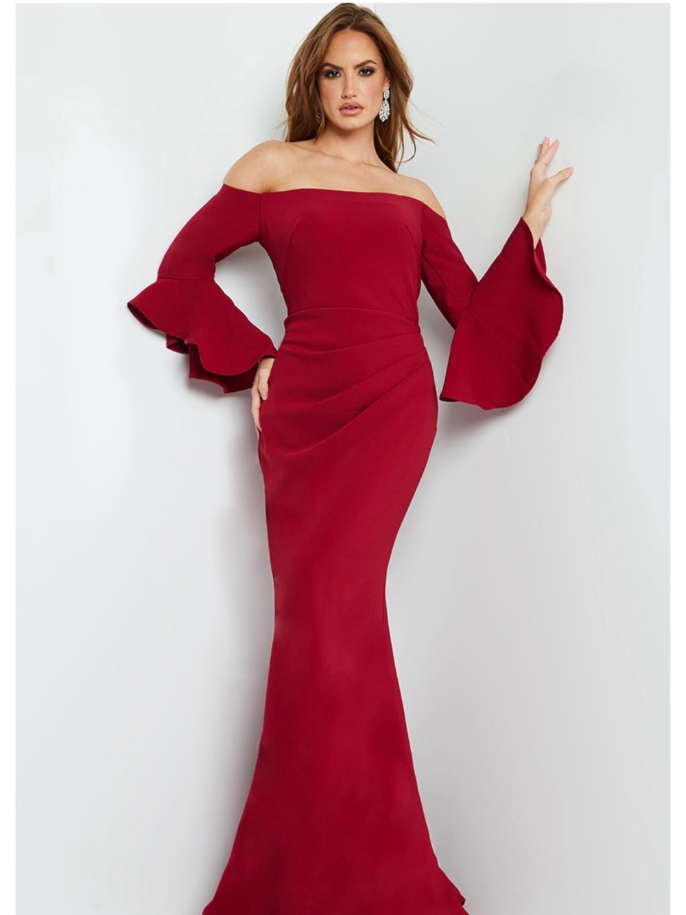 Jovani Dark Green Off-Shoulder Ruffle Sleeve Evening Gown - Picture 7 of 7